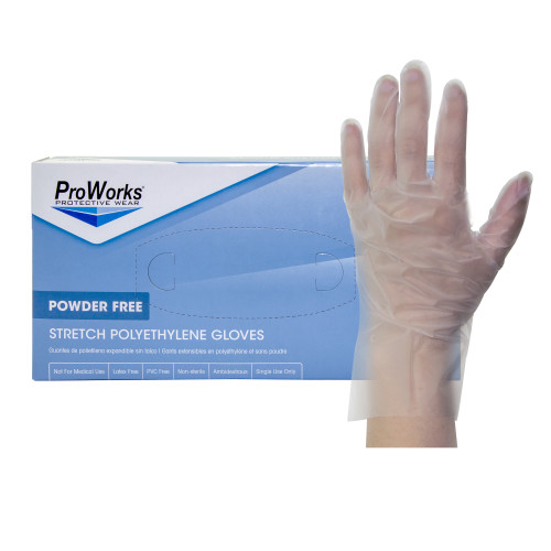 PROWORKS STRETCH POLY GLOVES  CLEAR  10 200  XXLG