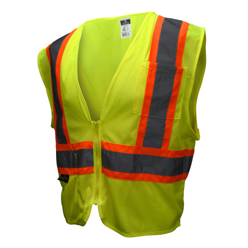 SAFETY VEST  CLASS II  HI-VIS GREEN MESH  WITH ORANGE STRIPE