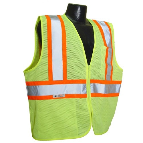 SAFETY VEST  CLASS II  HI-VIS GREEN MESH  WITH ORANGE STRIPE