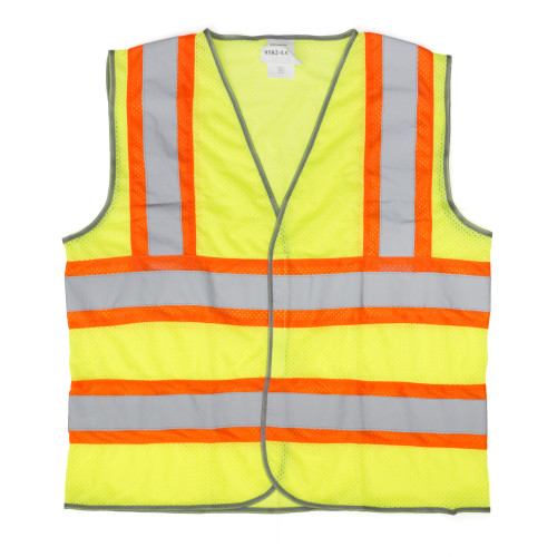 SAFETY VEST  CLASS II  HI-VIS GREEN MESH  W ORANGE STRIPE-2X